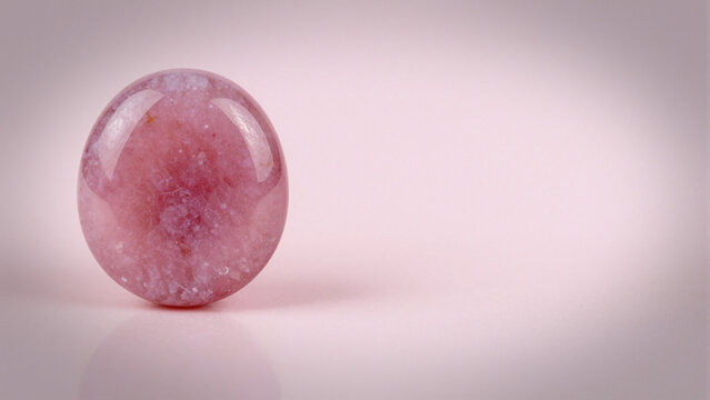 Glossy polished pink quartz or rhodonite gemstone sphere on a soft pink background