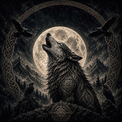 Naklejka premium Norse Wolf Howling at Full Moon with Ravens and Celtic Ornament