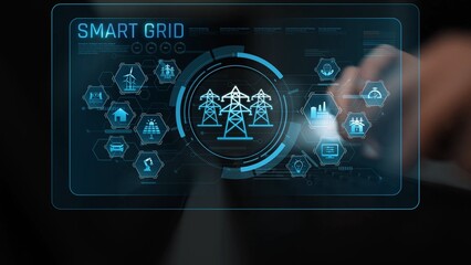 Plakat Smart grid system integrating renewable energy sources, energy storage, smart inverters, and demand response for efficient, decentralized, and modern power distribution Marrow