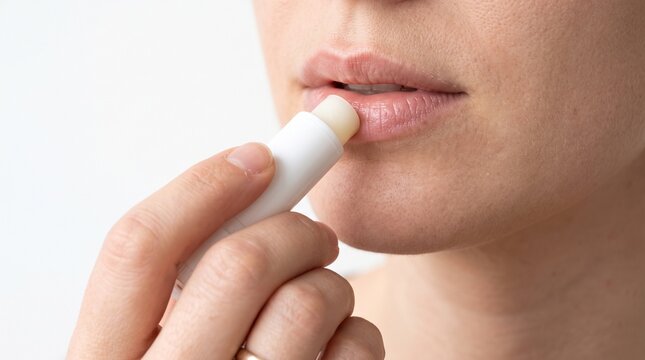 Close-up shot of a woman applying lip balm to her lips. The woman's hand is visible, holding the white tube of lip balm. Her lips are slightly parted, and she is focused on the task