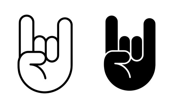 Rock on! Hand gesture icon, showing the devil horns or rock on hand symbol. Isolated vector illustration in outline and solid black.