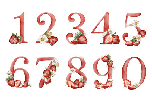 A sweet watercolor number set featuring numbers 1&ndash;10 decorated with strawberries, white strawberry flowers . for birthdays, invitations, nursery designs, children&rsquo;s projects, educational materials