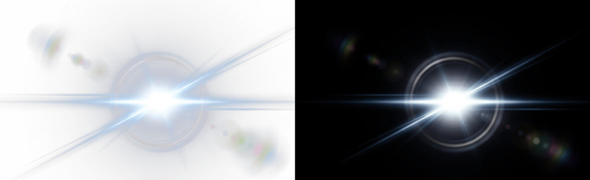 Abstract blue lens flare effect with bright light streaks, glowing star burst and circular optical highlights, isolated on black background for digital compositing, graphic design and visual overlays