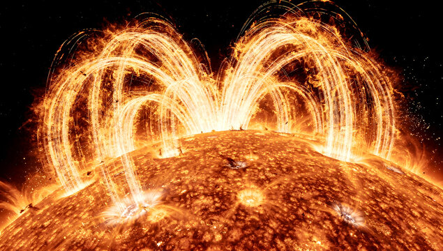Intense Solar Flare Eruption with Glowing Magnetic Plasma Arcs on Sun Surface