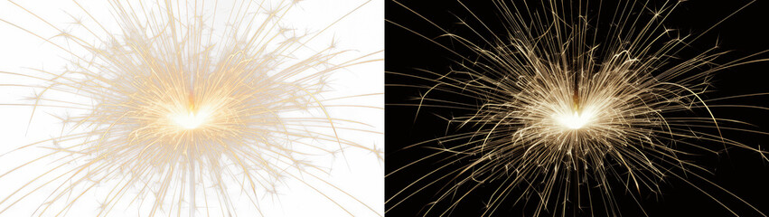 Obraz premium Golden sparkler light overlay with glowing lens flare effect, isolated on black background for easy compositing. Dynamic firework particle texture for party celebration, holiday banner and graphic