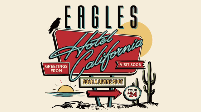 Vintage retro motel sign in desert. California road trip illustration for poster. Southwest landscape with cactus and raven. Mid century modern sign for t shirt design.