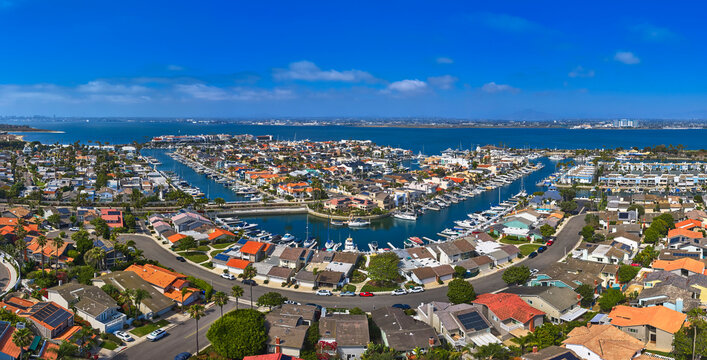Aerial San Diego Bay Waterfront Neighborhood Marina and Coastal Homes Panorama