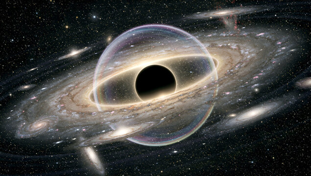 Supermassive black hole distorting space time with gravitational lensing effect and spiral galaxies in deep cosmos