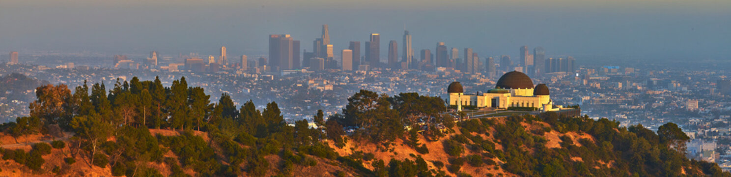 Griffith Observatory and Griffith Park with Los Angeles Skyline at Golden Hour