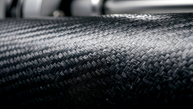 Macro view of black woven carbon fiber composite material tube with glossy metallic sheen