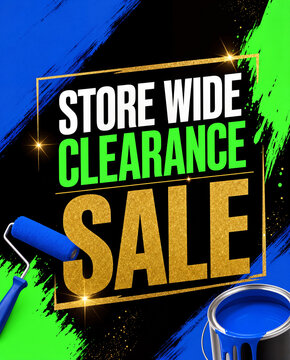 Vibrant paint store advertising banner with store wide clearance sale text, blue roller, dripping paint can, gold glitter and colorful strokes