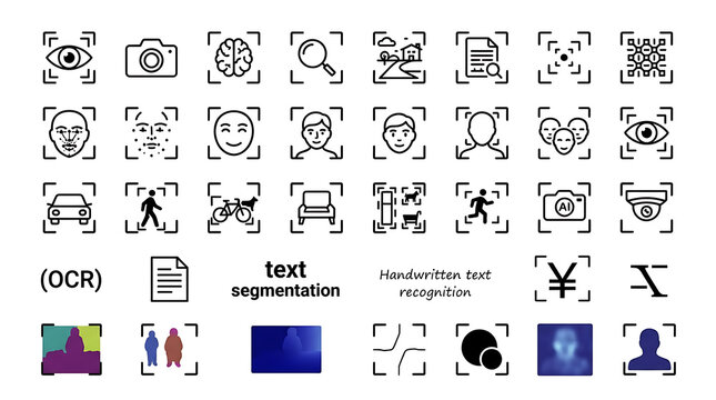 Computer vision icons depict facial recognition, object detection, and optical character recognition technology.