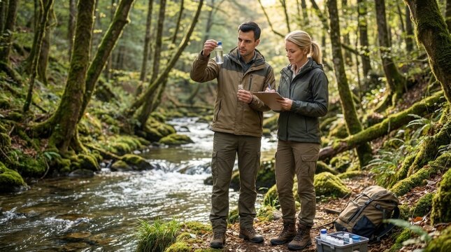 Environmental Researchers Sampling Water by a Clear Forest Stream