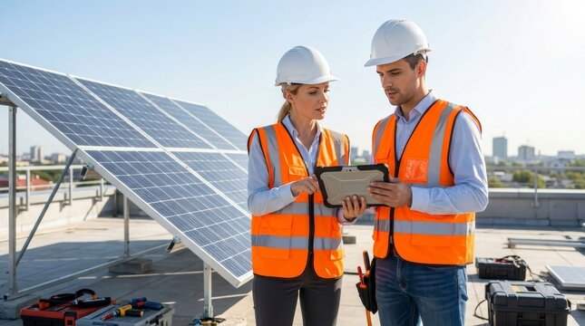 Diverse Solar Technicians Reviewing Data on a Sunlit Rooftop