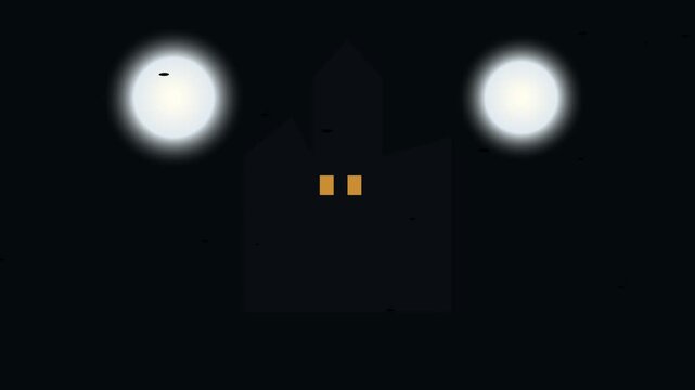 Spooky haunted house silhouette with glowing windows and two full moons at night