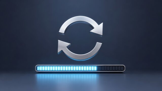 Metallic synchronization arrows over glowing blue progress bar representing system update software download and digital processing concept