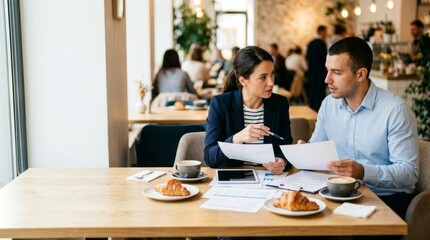 Fototapeta premium Two colleagues in a bright cafe discussing business documents over coffee and croissants during a morning meeting