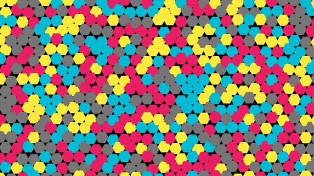 Abstract background with colorful circles and hexagonal shapes in bright yellow blue and pink colors