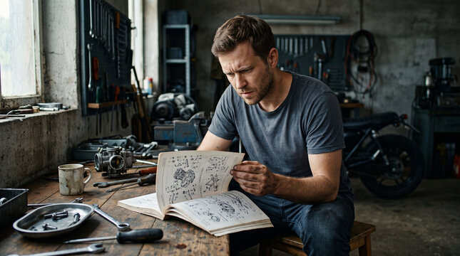 Man studying motorcycle service manual at workbench in garage. Mechanic planning engine repair with tools and components. Skilled maintenance, custom motorcycle restoration and workshop craftsmanship.