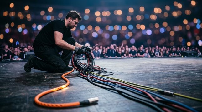 Stagehand organizing colorful concert cables on stage with bokeh lights, backstage crew preparing equipment, low-angle reportage shot