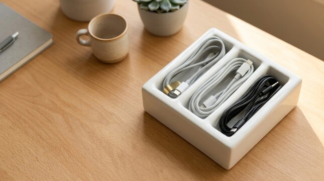 Organized cables in ceramic tray on warm wood desk, bright natural light, modern minimal workspace
