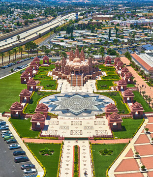 Aerial BAPS Shri Swaminarayan Mandir California Temple and Courtyards Panoramic View