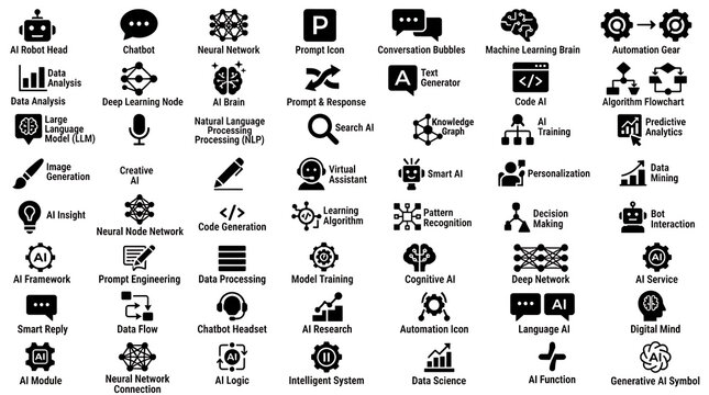 Machine learning icons collection displays vector symbols for artificial intelligence software and computing.