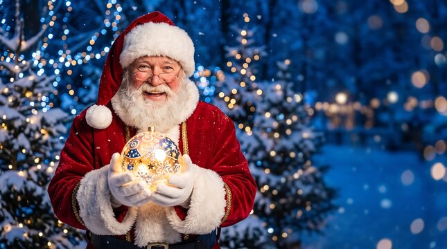 A jolly Santa Claus, adorned in his iconic red suit and hat, beams with a heartwarming smile while holding a glowing orb filled with festive lights. He stands amidst a magical winter wonderland.