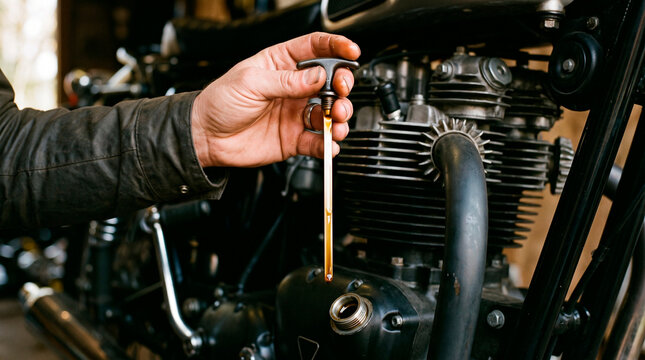 Mechanic checking motorcycle engine oil level with dipstick. Close-up maintenance inspection in a garage, emphasizing repair, service, craftsmanship, and biker lifestyle.