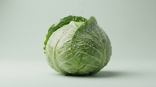 Fresh Green Cabbage with Upward-Floating Water Droplets