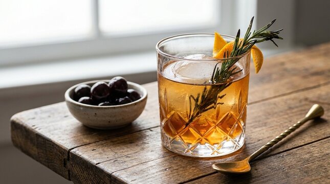 Refreshing cocktail drink garnished with lemon zest and fresh herbs, perfect for summer parties or sophisticated bar settings, ideal for beverage promotion or lifestyle content