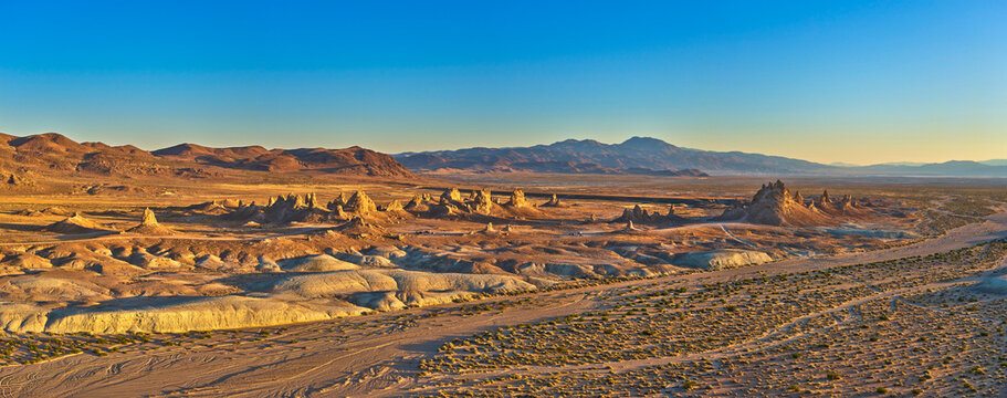 Aerial Trona Pinnacles California Desert Landscape at Golden Hour