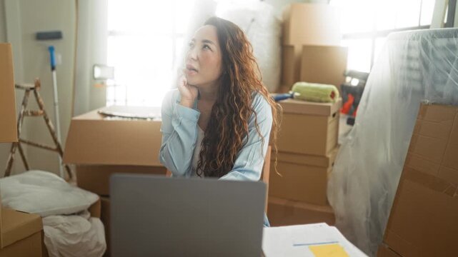 Woman with laptop rests chin on hand amid packed moving boxes in a building; contemplation planning tasks.