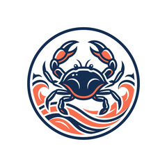 Fototapeta premium Stylized crab swimming in ocean waves circular badge.