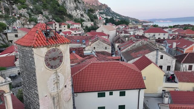 Historic Church And Clock Tower In Omis, Dalmatia, Croatia