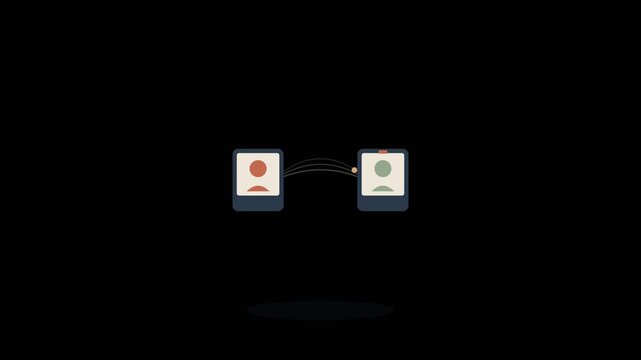 Two user profiles connection animation with data flow dots, transparent background communication and networking motion graphics overlay, seamless loop peer to peer data transfer element