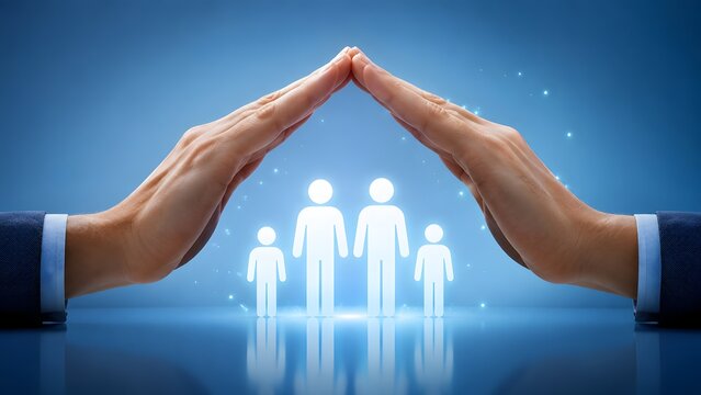 Family life insurance and social security concept with human hands forming a protective roof over glowing digital family figures