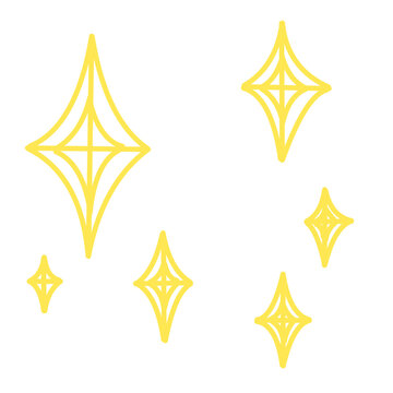 Yellow sparkle illustration. Hand drawn set of outlined shining stars isolated on white background.