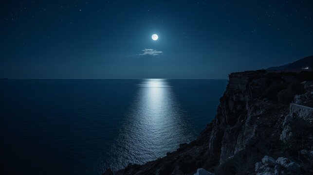 Mediterranean coastal landscape with stars and moonlight over the sea