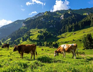 Naklejka premium Cattle grazing on lush green alpine meadow under blue sky with Swiss Alps mountain backdrop, agricultural pasture landscape