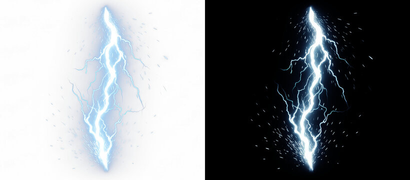 Blue electric lightning bolt with glowing sparks and lens flare, isolated on black background for easy compositing. Digital art energy effect for motion graphics, visual effects, game design
