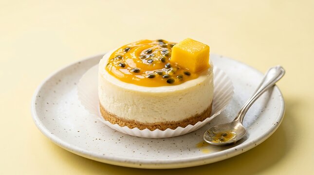 Mini passionfruit and mango cheesecake with fresh fruit