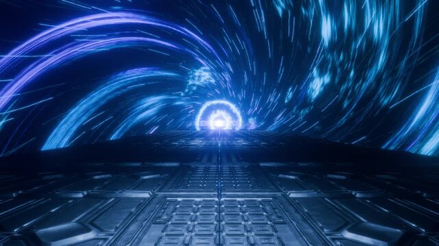Blue light swirls through a futuristic tunnel. Metal floor leads toward a glowing exit. Speed blurs motion around the tunnel walls. Cool tones dominate this sci-fi journey