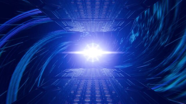 Blue light swirls through a futuristic tunnel. Metal floor leads toward a glowing exit. Speed blurs motion around the tunnel walls. Cool tones dominate this sci-fi journey