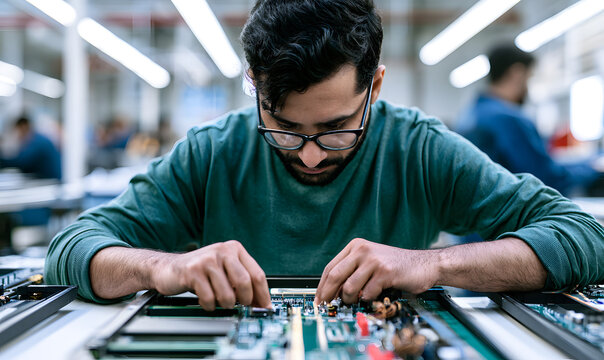 a young man of Indian or Turkish background in a green shirt, dressed in contemporary attire, is engaged in circuit board assembly on a factory production line, highlighting modern technology and elec