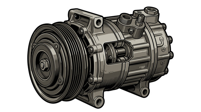 Detailed illustration of a car's air conditioning compressor, a vital component for climate control in vehicles