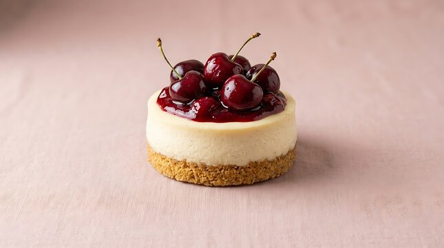 Mini cheesecake with glazed cherries on pink background
