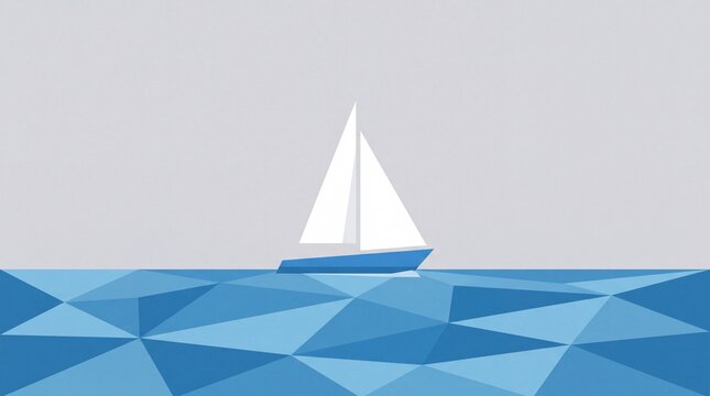 Minimalist sailboat illustration with geometric blue sea waves background