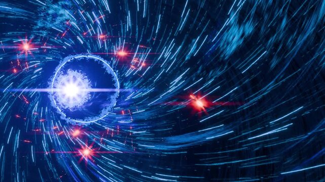 Vibrant blue light swirls toward a brilliant core. Speeding particles dance in spiraling motion. Deep cosmic vortex pulses with electric energy. Ideal for futuristic or sci-fi themed projects