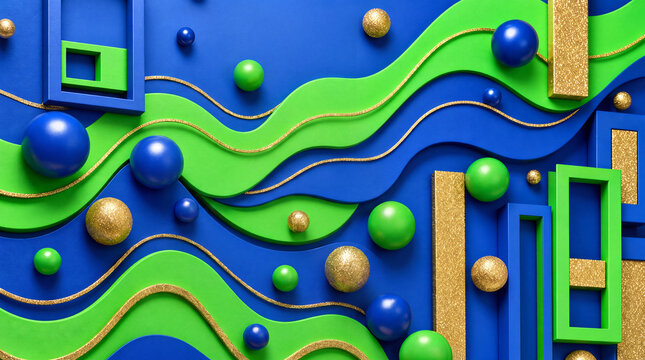 Vibrant abstract geometric artwork with blue green waves, gold glitter edges, multicolored spheres and rectangular frames